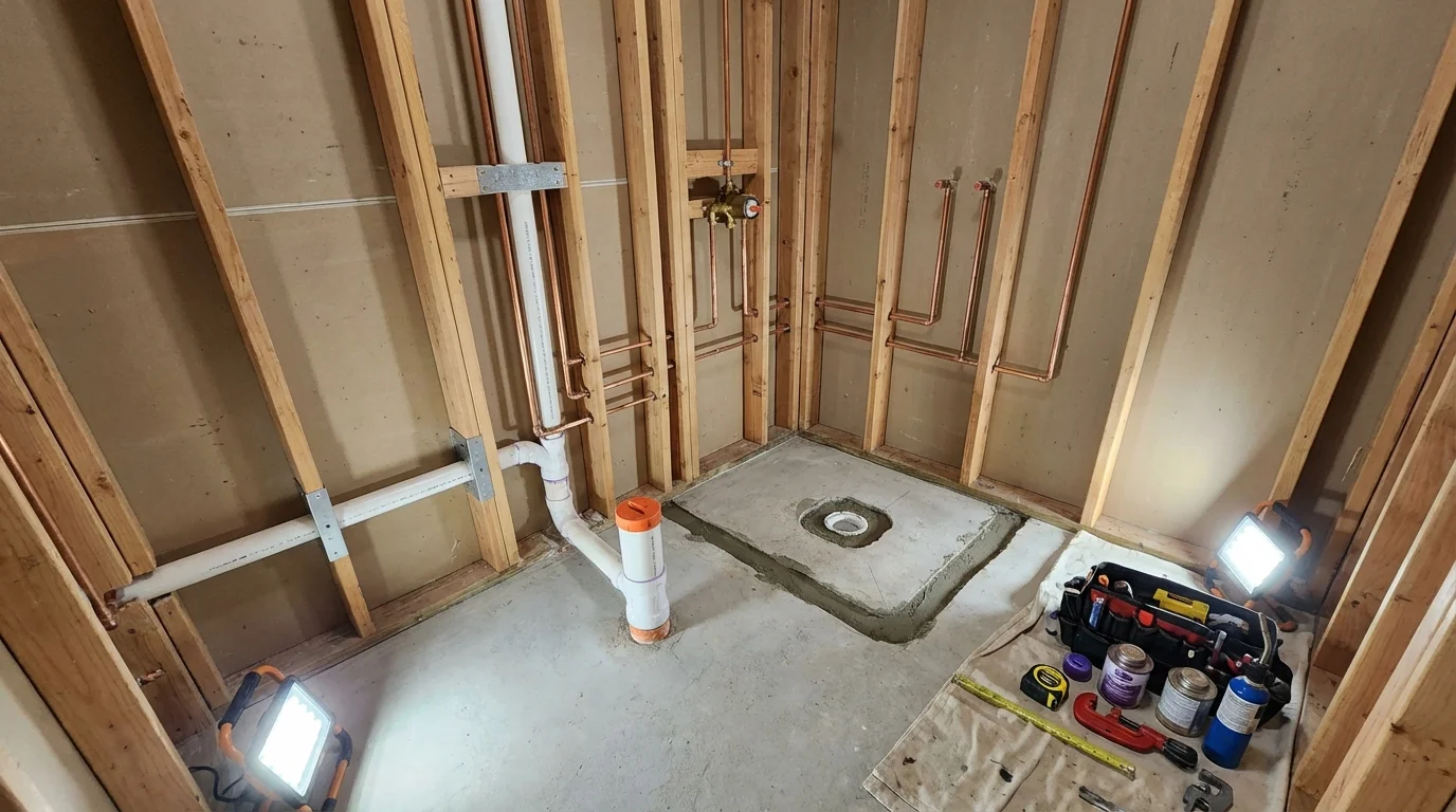Bathroom rough-in plumbing during remodel by Johns Plumbing LLC in Loxley