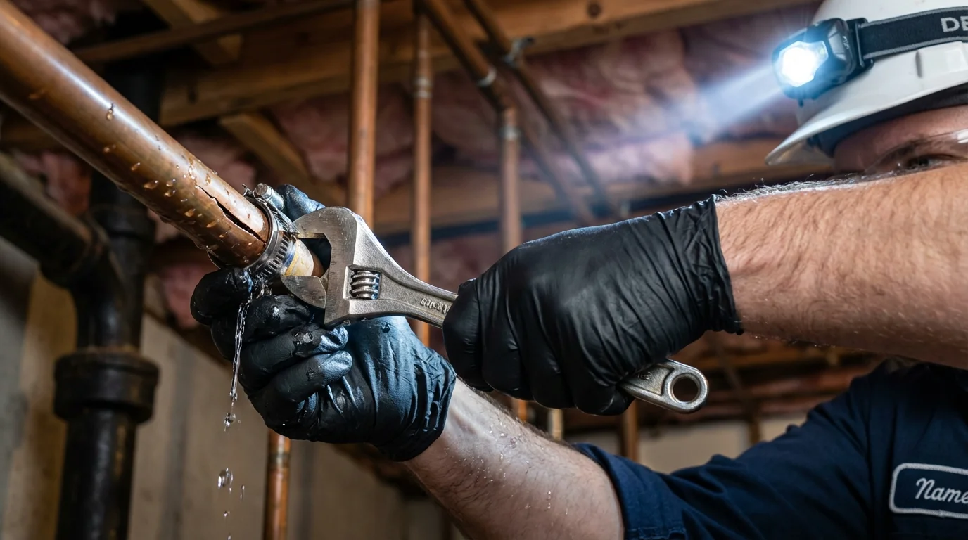 Emergency pipe clamp repair being performed by a Johns Plumbing LLC plumber in Loxley
