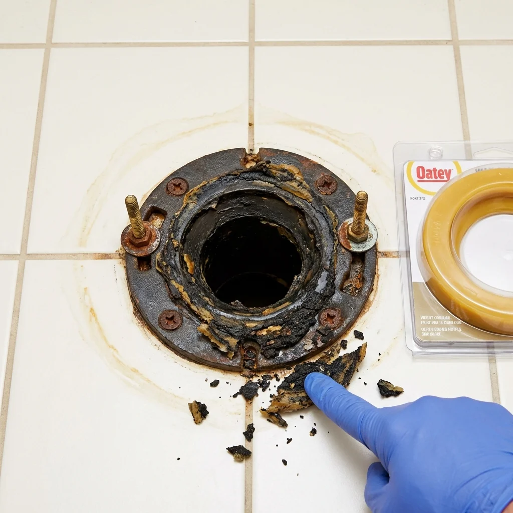 Failed wax ring showing water seepage at the base of a toilet in a Loxley, AL home